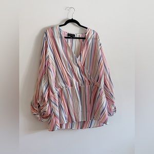 Lane Bryant size 28 long-sleeve, faux-wrap blouse. Multicolor striped pastel.